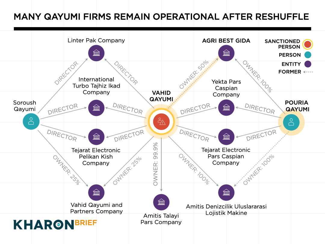 A graphic from Kharon's ClearView platform depicts connections from sanctioned Vahid Qayumi to additional companies he directs and/or owns, overlapping with two individuals who share his last name.