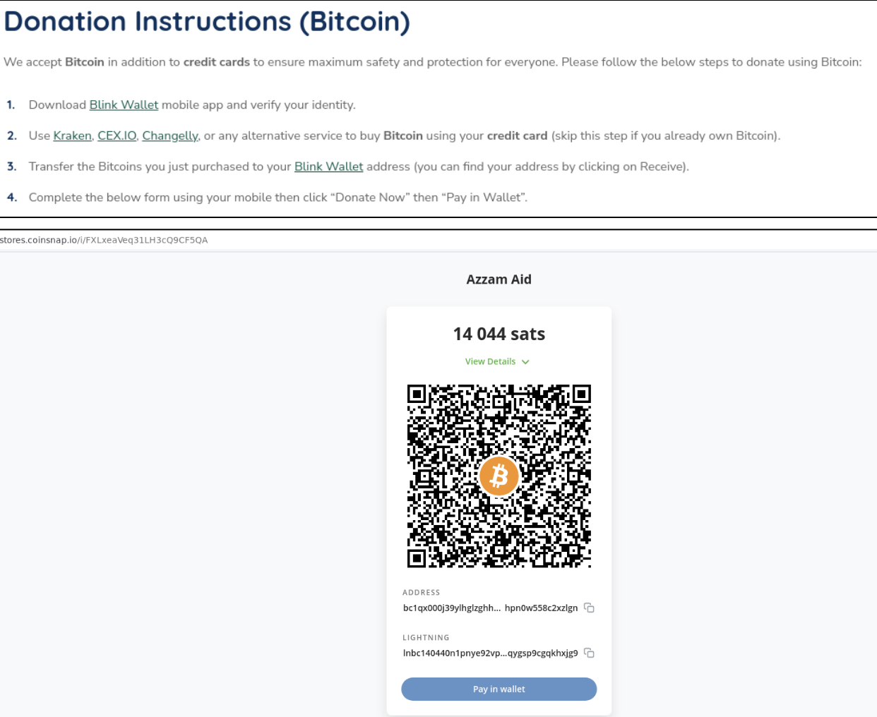 Azzam Aid bitcoin donation