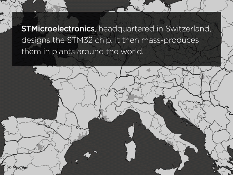 A map starts focused on Switzerland, zooms out, and then pans over to the U.S. to show Arizona. Text reads: STMicroelectronics, headquartered in Switzerland designs the STM32 chip. It then mass-produces it in plants around the world. One of its "key distributors" is Arizona-based Avnet, which also has a subsidiary in Hong Kong.
