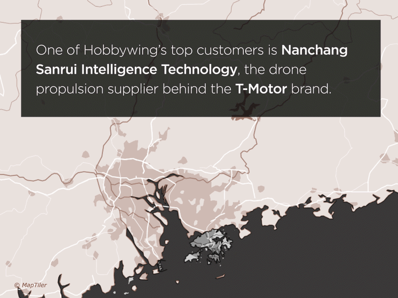 A map moves from China to Russia. Text reads: One of Hobbywing’s top customers is Nanchang Sanrui Intelligence Technology, the drone propulsion supplier behind the T-Motor brand. Its subsidiary Jiangxi Xintuo has been blacklisted by the U.S. for selling drone tech in support of Russia’s military. And trade records back that up.
