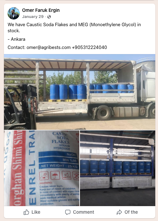 A screenshot image shows an Agri Best agent offering caustic soda for sale in January, on a Facebook group page for industrial chemical trade. The post was given a “thumbs up” by Pouria Qayumi, to whom sanctioned Vahid Qayumi transferred ownership of his Turkish companies.