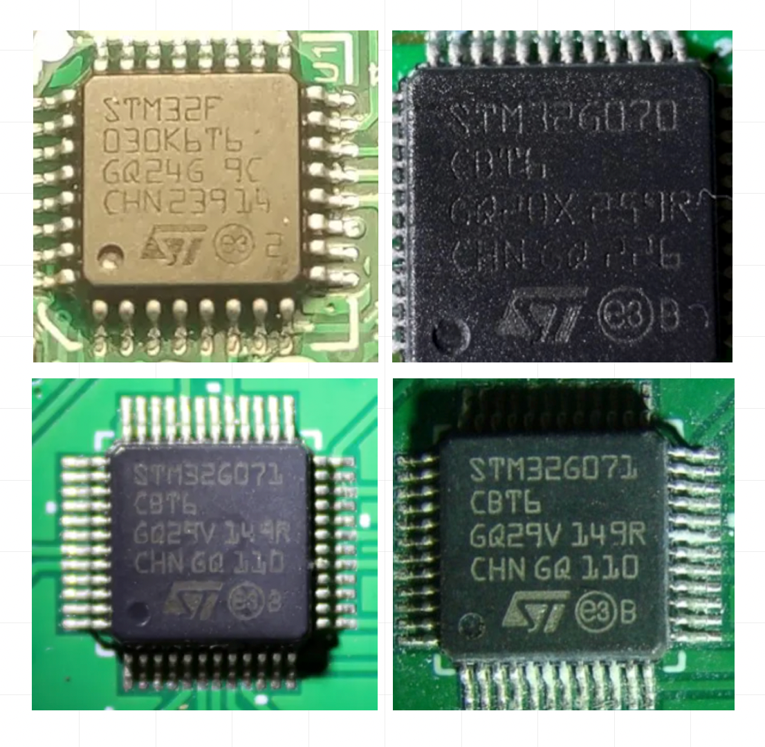 A composite image of four STM32 microcontrollers recovered from Russian drones in Ukraine.